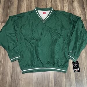 Rawlings Windbreaker Jacket Mens XL Green V-Neck Lightweight Pullover Baseball